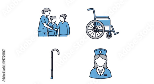Nurse helping patient with wheelchair cane.