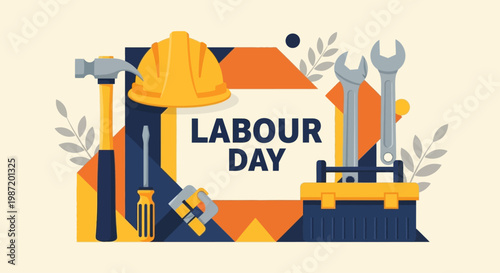 Happy Labour Day illustration with construction tools and protective helmet, celebrating workers and their contributions
