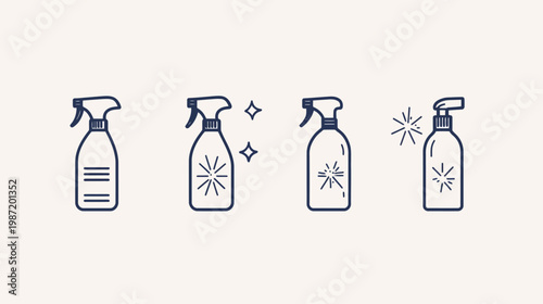 Four spray bottles in a row, with lines, sparkle symbols, and floral-like patterns, clean and neat