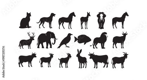 Animal silhouettes set vector illustration with wild and domestic creatures isolated on white background icons collection.