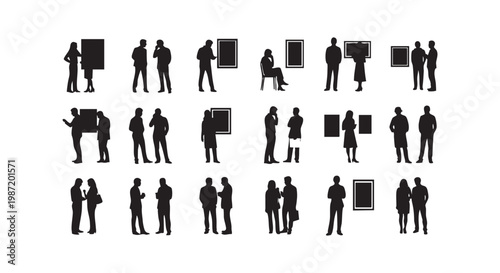 Art gallery exhibition diverse people viewing modern abstract paintings and sculptures silhouettes vector illustration.
