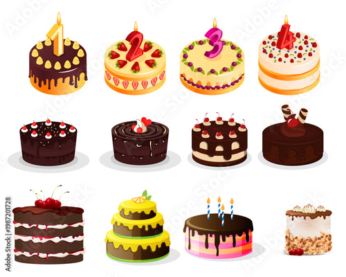 Collection of delicious chocolate and fruit cakes, birthday cakes with candles, and sweet dessert illustrations isolated on white background