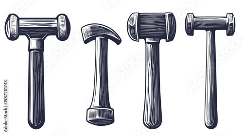 Four different types of tools for construction and crafting. Hand-drawn vintage style illustration