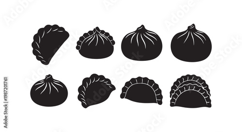 Asian food dumpling and baozi, chinese cuisine black silhouette, traditional delicious steamed dumpling, gyoza, bao.