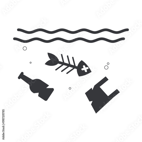 Isolated outline illustration of polluted river with plastic waste and dead fish representing ecosystem damage, water contamination, and environmental crisis