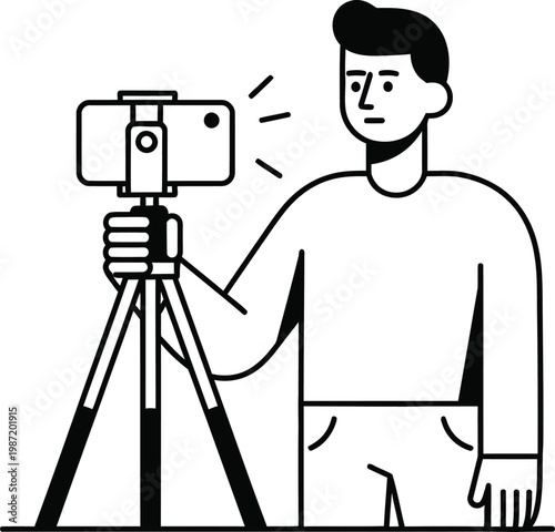 Man filming with smartphone on tripod, vlogging, content creation