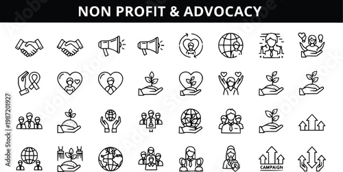Non-profit and advocacy outline icons display various symbols related to charitable work, global support, and environmental sustainability efforts.