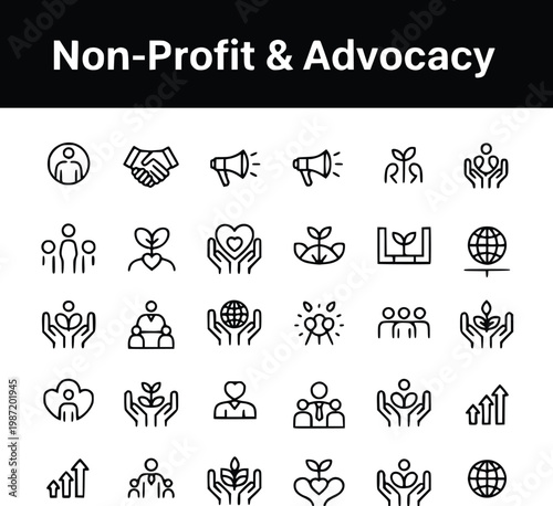 Non-profit and advocacy icons illustrate a comprehensive set of clean line graphics for charitable organizations and social cause marketing materials.