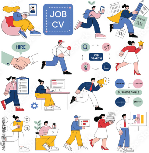 Job Search and Recruitment Flat Illustration Set – Career Growth Concepts