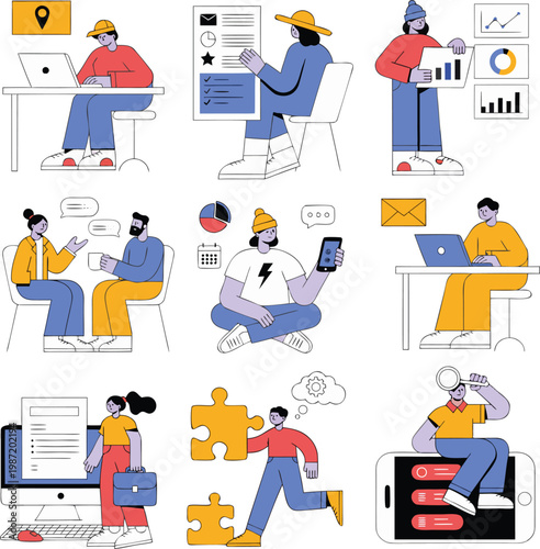 Flat Vector Business People Illustrations Set for Modern Workplace and Data Analysis