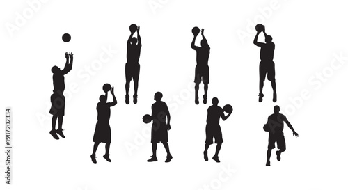 Basketball players silhouettes in action, shooting, dribbling, and jumping for the ball during a game.