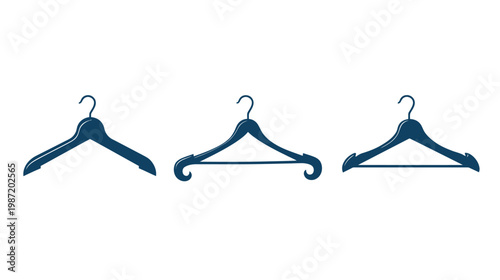 Three stylized clothes hangers in navy blue, set against a pristine white backdrop