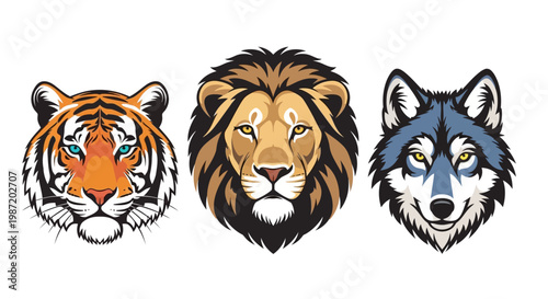 Tiger Lion Wolf Animal Heads Portrait.