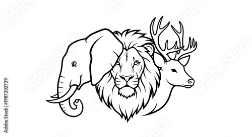 Lion Elephant Deer Animal Heads Combined.