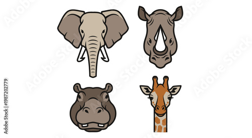 Cartoon Safari Animal Heads Closeup.
