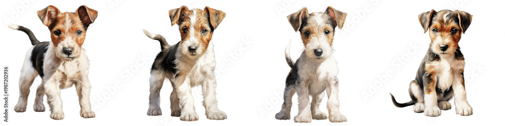 Obraz premium Four cute wire fox terrier puppies with playful expressions against a black background