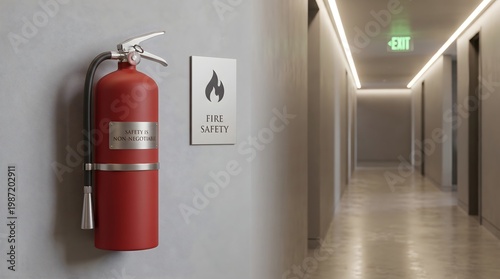 Red Fire Extinguisher Mounted on Office Hallway Wall