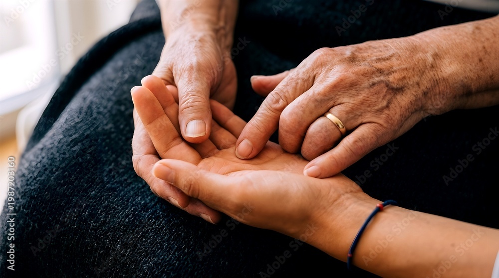 Fototapeta premium Close-up of an elderly hand with a wedding ring gently holding a younger hand. Conceptual imagery for intergenerational love, family support, elderly care, and a parent's lifelong protection.