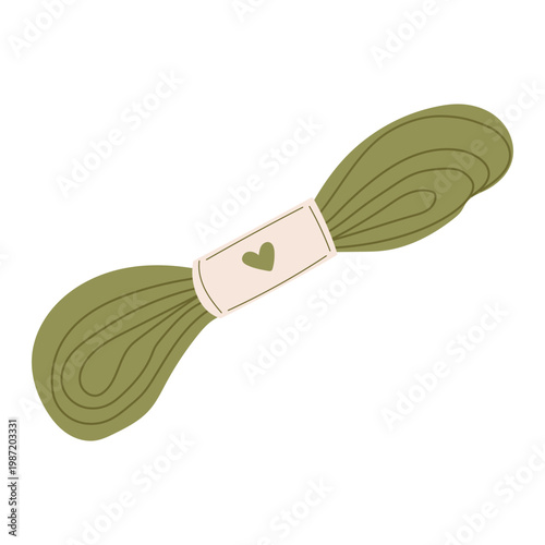 Green skein of embroidery threads with heart-shaped label. Cotton floss threads for cross stitch and needlework. Concept of hand sewing and embroidery. Clipart needlework, creative hobby, isolated on 