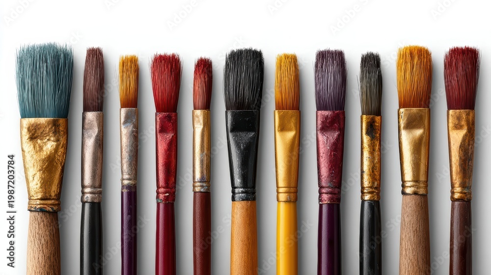 Fototapeta premium Paint brushes collection of assorted paint brushes arranged neatly in a row ready for artistic creation