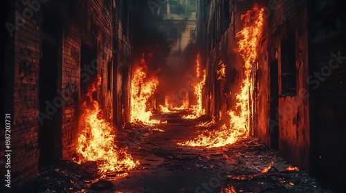 Flames spreading through narrow city corridor high resolution picture