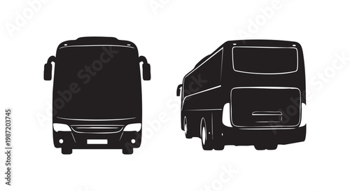 Black silhouette of two buses on white background, black and white vector art, clean design, simple and sleek.