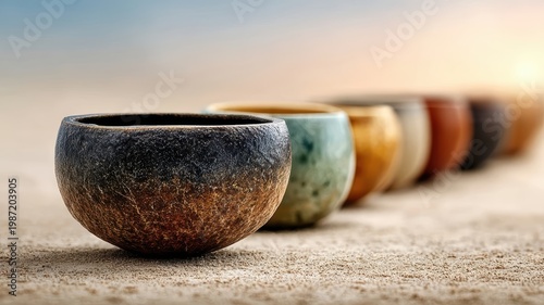 Small bowls on table several small bowls arranged neatly on a table surface creating a minimalist display