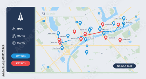 Digital map interface showing navigation routes, location pins, and settings options.