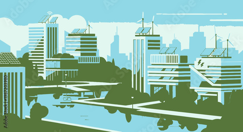 Modern eco-friendly city skyline with green buildings, solar panels, and wind turbines by a river.