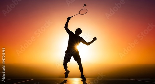 Silhouette of a badminton player serving at sunset