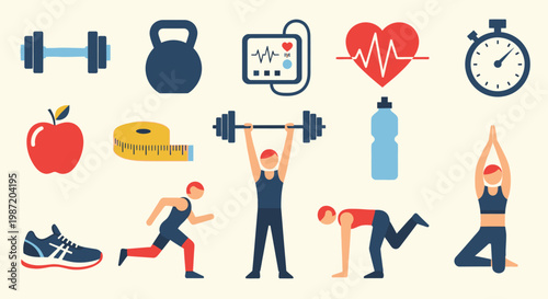 Collection of health and fitness icons with people exercising, running, and doing yoga on an isolated light background.