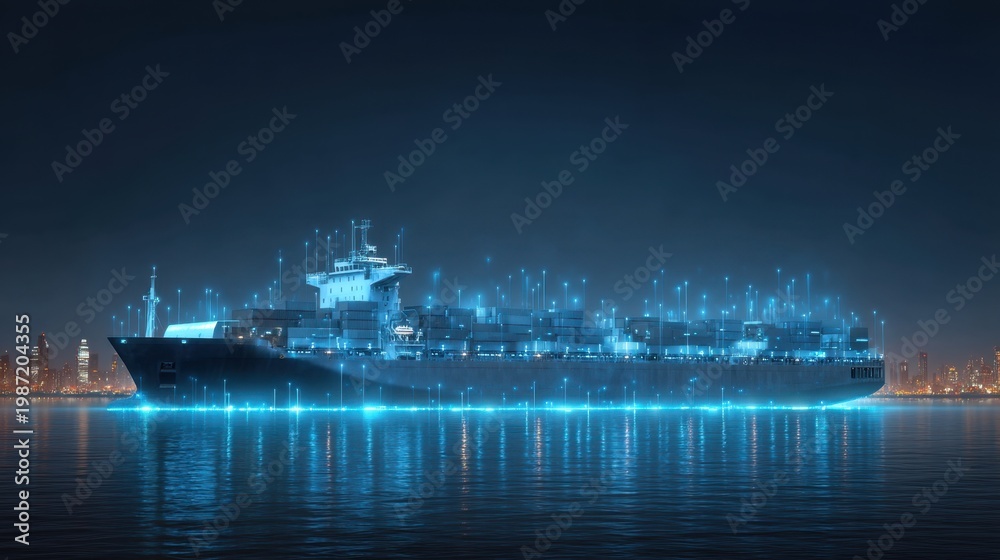 Fototapeta premium High-Tech Cargo Ship Illuminated by Glowing Data Connections in Modern Industry Concept at Night Overlooking a City Skyline