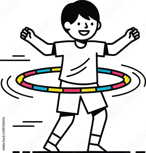 Happy Child Playing with Hula Hoop - Vector Illustration