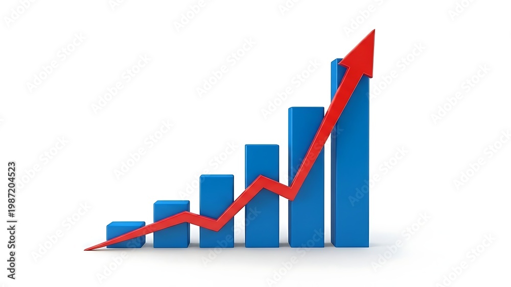Fototapeta premium Blue bars with rising red arrow graph chart