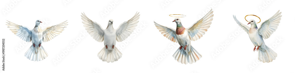 Fototapeta premium Group of white doves flying with spread wings and golden halo