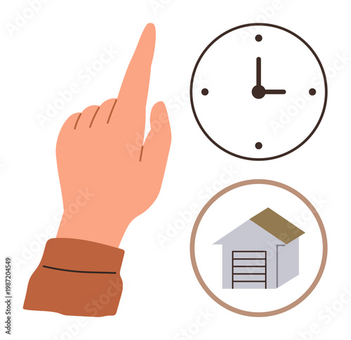 Time management, productivity, home planning, storage organization, punctuality, task delegation. A hand pointing, along with a clock and a garage icon. Time management and productivity concepts