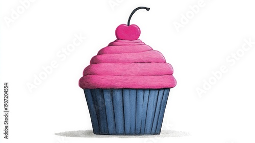 Whimsical Pink Cupcake with Cherry on Top in Detailed Illustration