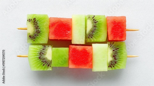 Colorful Fruit Skewers with Watermelon and Kiwi on White Background