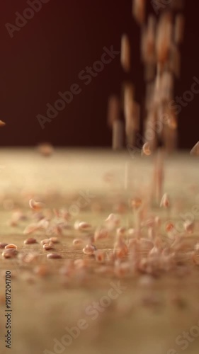 Psyllium seeds falling onto a wooden board
