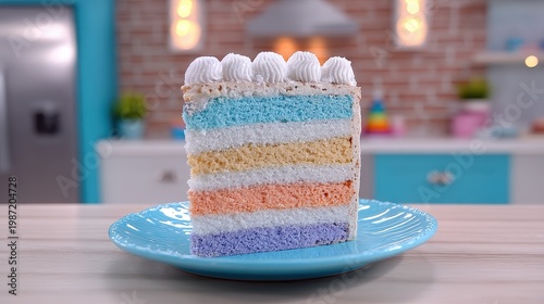Colorful Layered Cake with Whipped Cream Topping on Blue Plate
