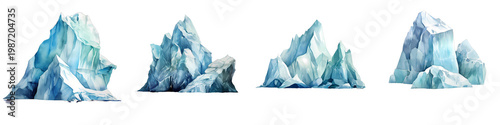 Collection of various icebergs floating in a dark ocean, in watercolor style