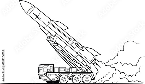 Rocket launch, line drawing vector, mobile ground based missile launcher firing rocket with smoke illustrating military action and defense technology concept.
