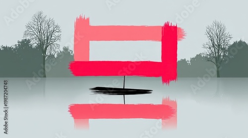 Abstract Pink and Black Brushstroke on Serene Landscape Reflection