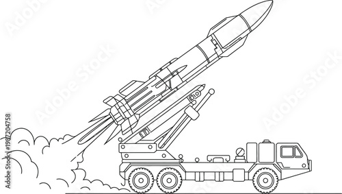 Rocket launch, line drawing vector, hand drawn illustration of mobile missile launcher releasing rocket with smoke for military, engineering, and action design use.