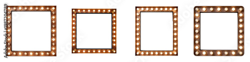 Four lighted makeup mirrors stand against a solid black background
