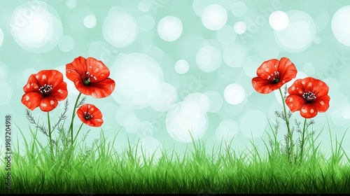 Vibrant Red Poppy Flowers on Soft Blue Background with Bokeh Effect