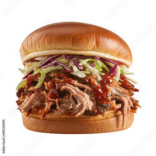 Juicy Pulled Pork Sandwich with Fresh Toppings isolated on transparent background