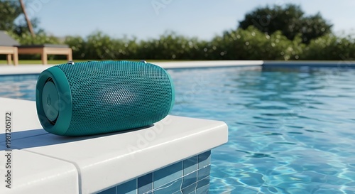 Waterproof Bluetooth Speaker Near Poolside for Music Enjoyment.