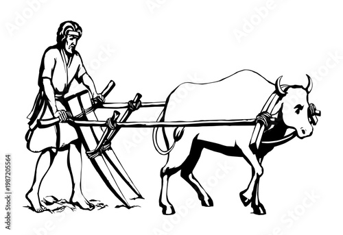 Vector drawing. Old wooden plow