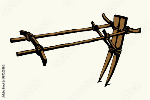 Vector drawing. Old wooden plow